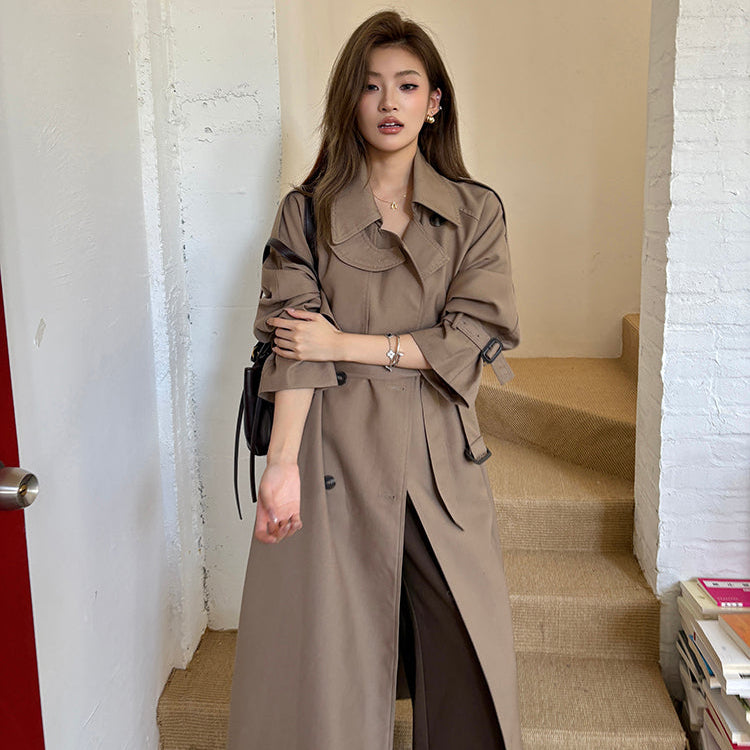 倫敦人寬鬆繫帶過膝長版風衣大衣-25654