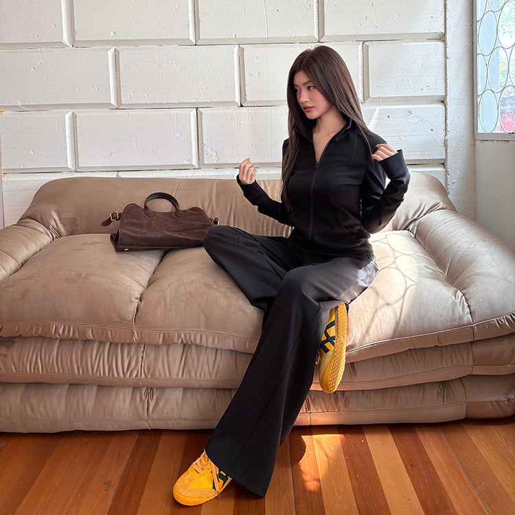 秘密同盟黑色立領修身外套寬褲兩件套-25636