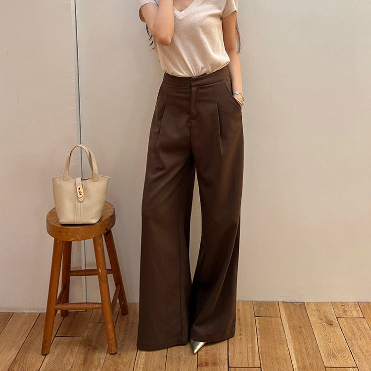咖色高腰寬鬆落地西裝褲-25649