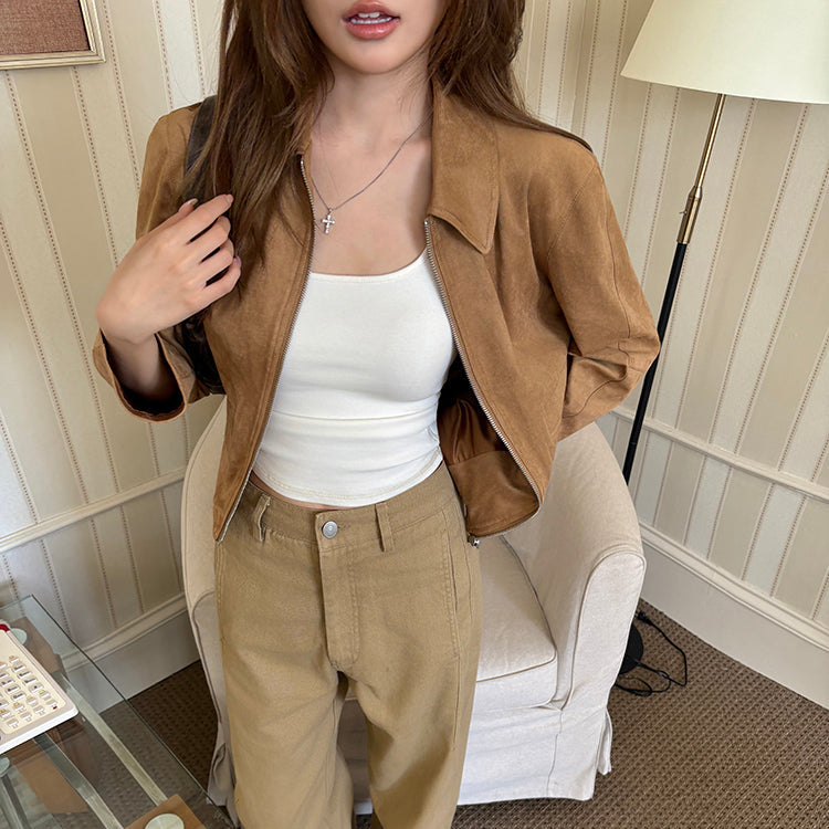 深卡其牛皮絨拉鏈皮外套-25656