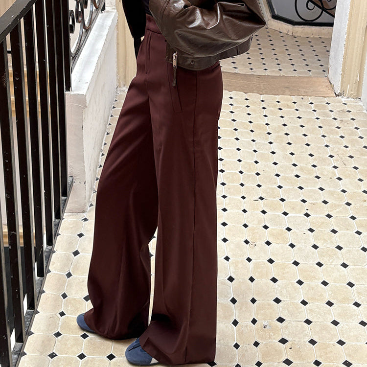 紅棕色高腰直筒垂感西褲-25664