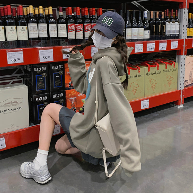 GOOD LUCK美式復古加絨連帽衛衣-25629