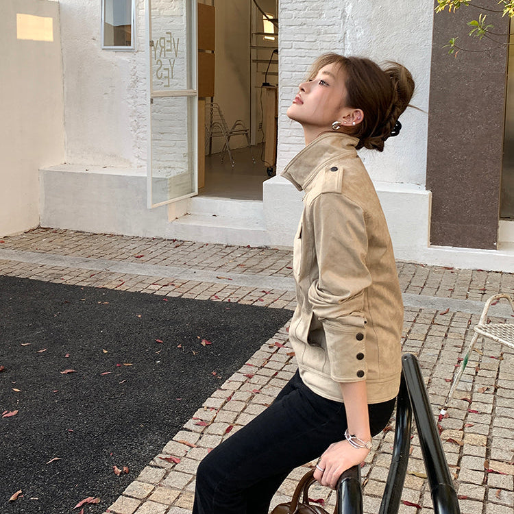 美式懷舊牛皮絨短夾克-25651