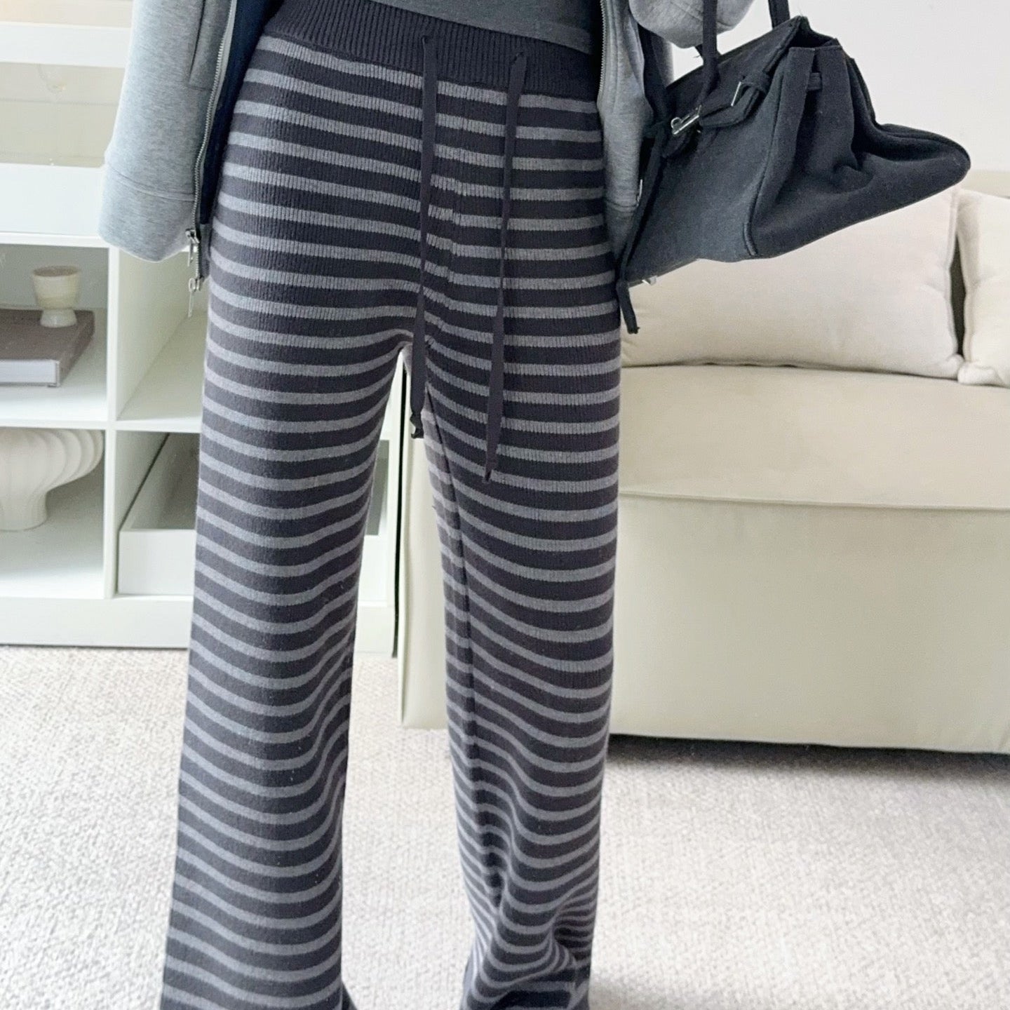 軟糯針織加厚條紋寬褲-25673