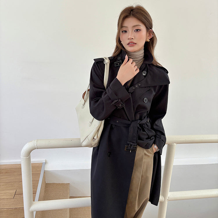 黑色經典重工中長風衣-25653