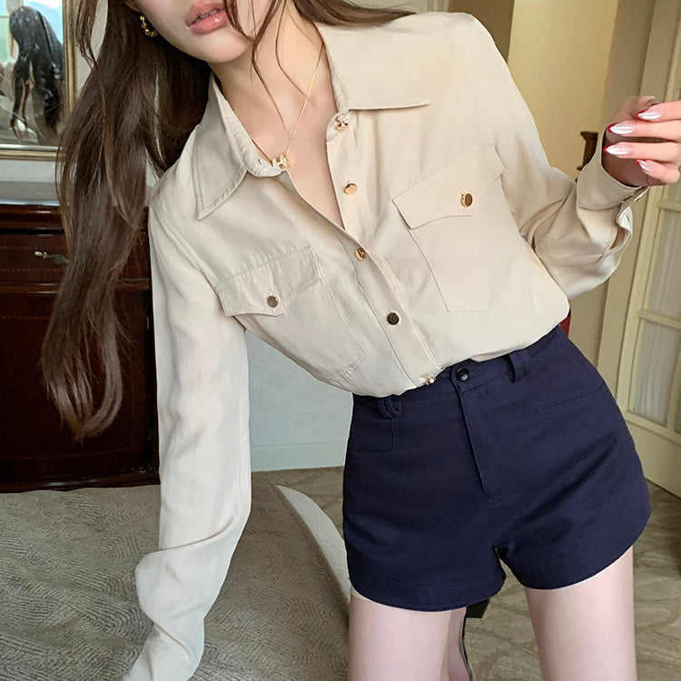杏色口袋金扣襯衫-25536