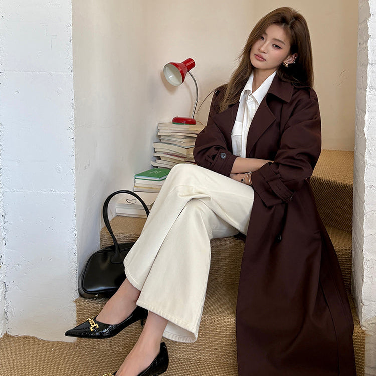 棕紅高級感雙排扣中長風衣-25652