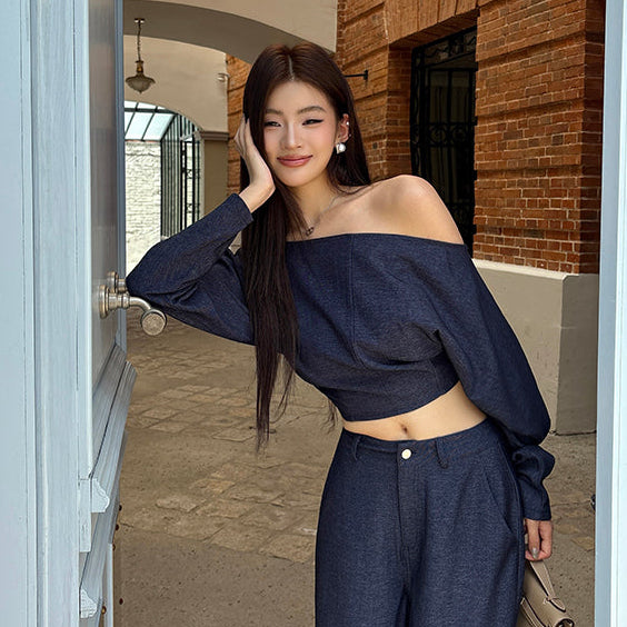靛藍一字肩露腰上衣-25645