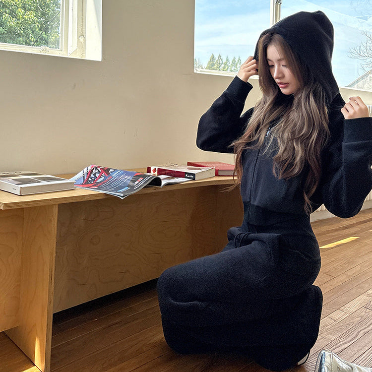 黑廠潮流搖粒絨連帽外套微喇褲兩件套-25640