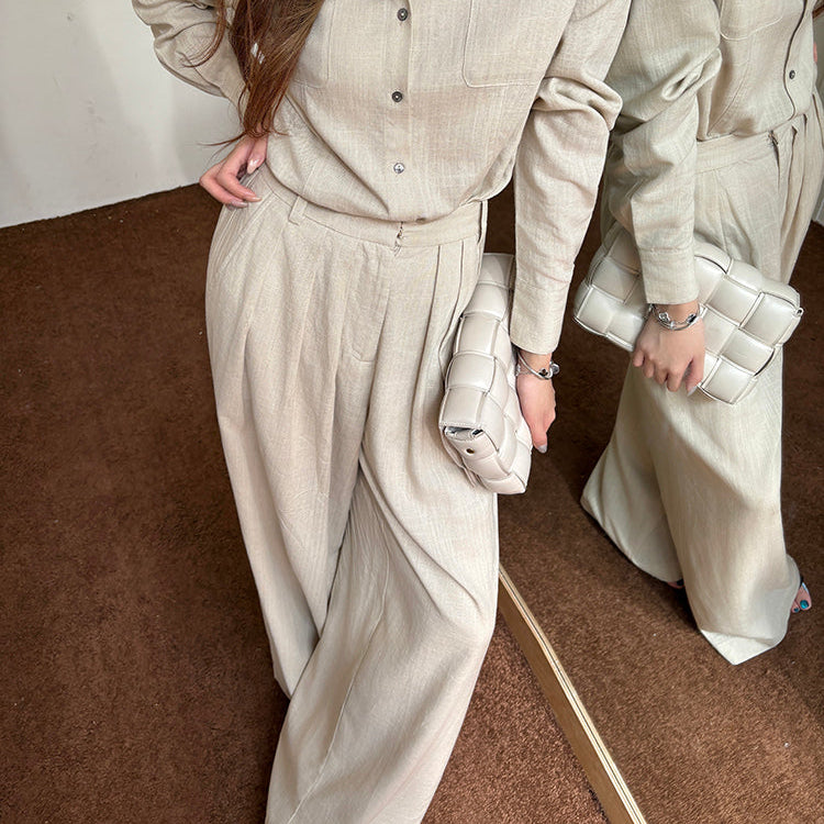 亞麻直紋落地寬褲-25658