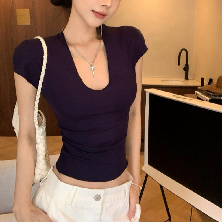 深U領緊身小飛袖彈力上衣-25481