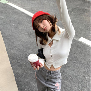 歐美辣妹珍珠扣短上衣-25571