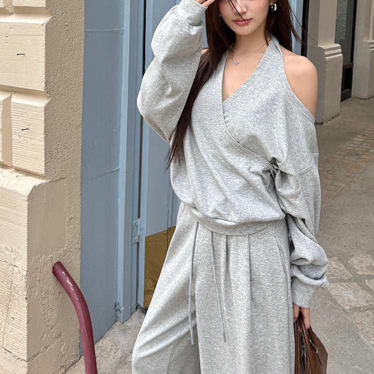 潮模掛脖衛衣抽繩衛褲兩件套-25637