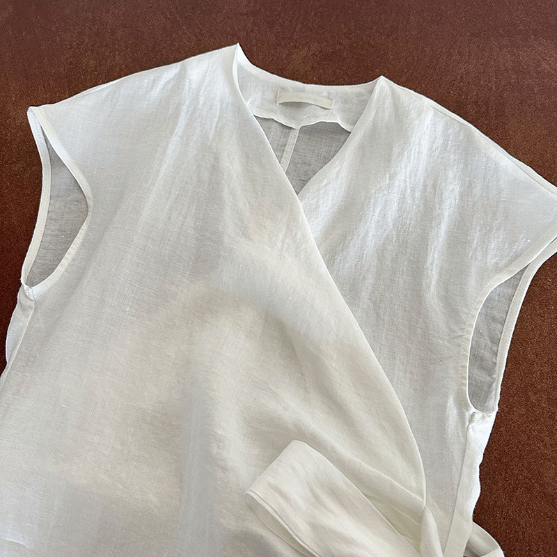 喜上眉梢棉麻綁帶V領上衣-25364