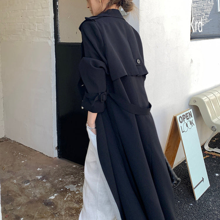 許我耀眼黑色繫帶長風衣-25644