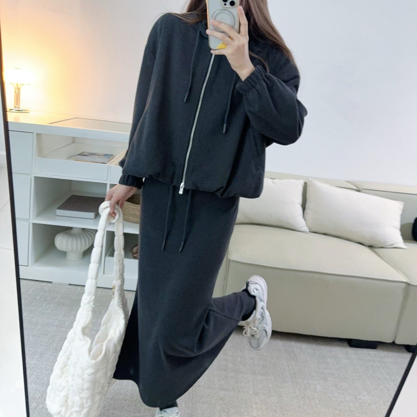 桑蠶絲羊毛連帽外套垂感開衩長裙套裝-25603