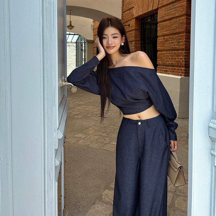 靛藍格調落地寬褲-25646