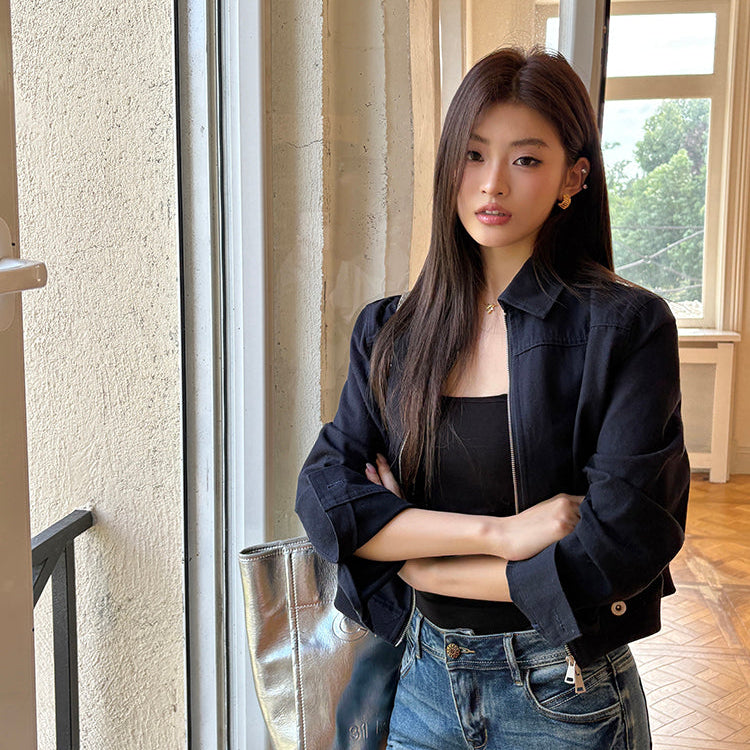 海藍翻領工裝短版棉夾克-25684