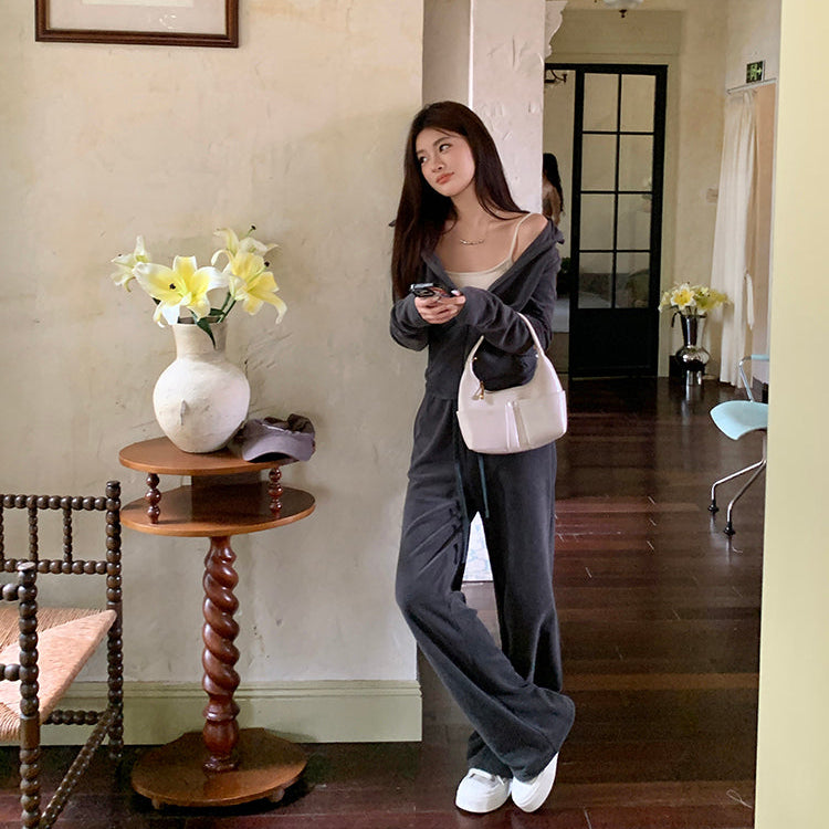 深灰絨面連帽外套垂感直筒褲兩件套-25630