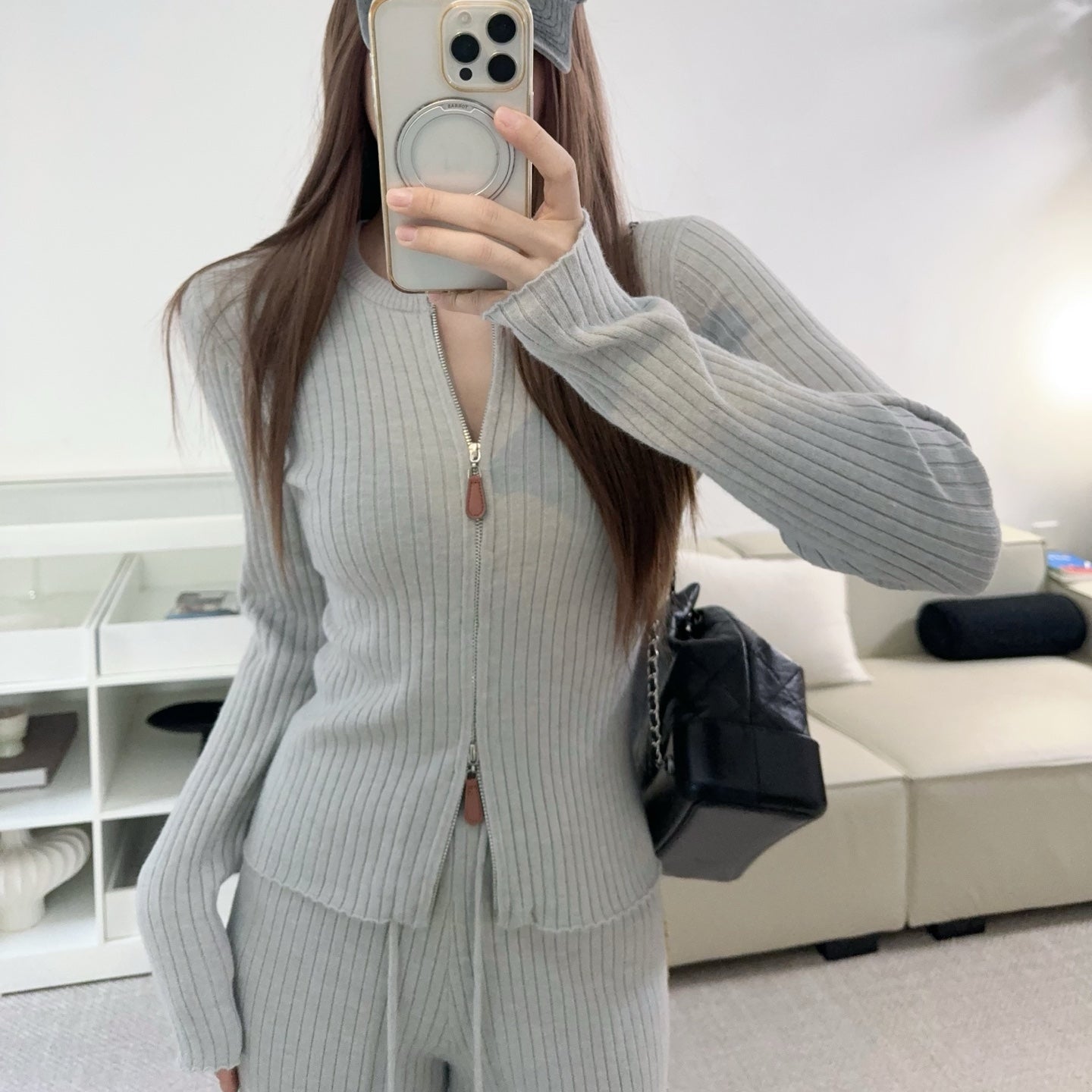 拉鍊坑條針織外套鬆緊高腰直筒長褲套裝-25676