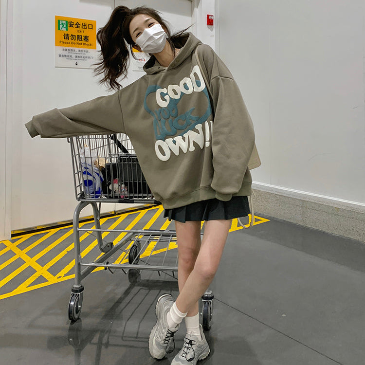 GOOD LUCK美式復古加絨連帽衛衣-25629