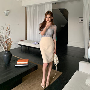 性感名媛杏色高腰修身包臀裙-25152