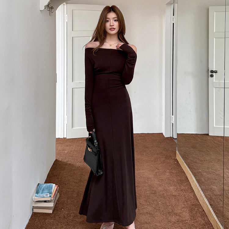 甜蜜巧克力優雅簡約一字肩長洋-25628