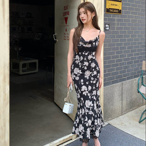 黑蕾絲鏤空碎花長洋-25267