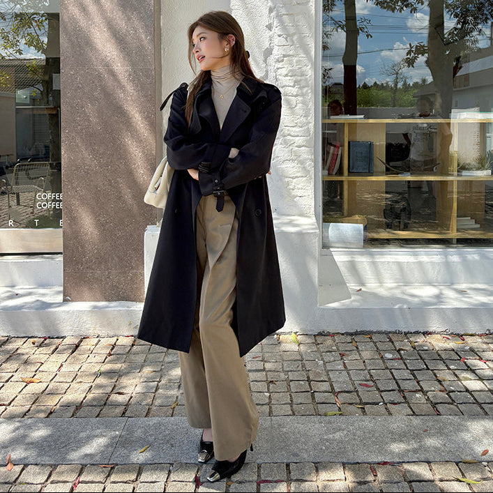 黑色經典重工中長風衣-25653