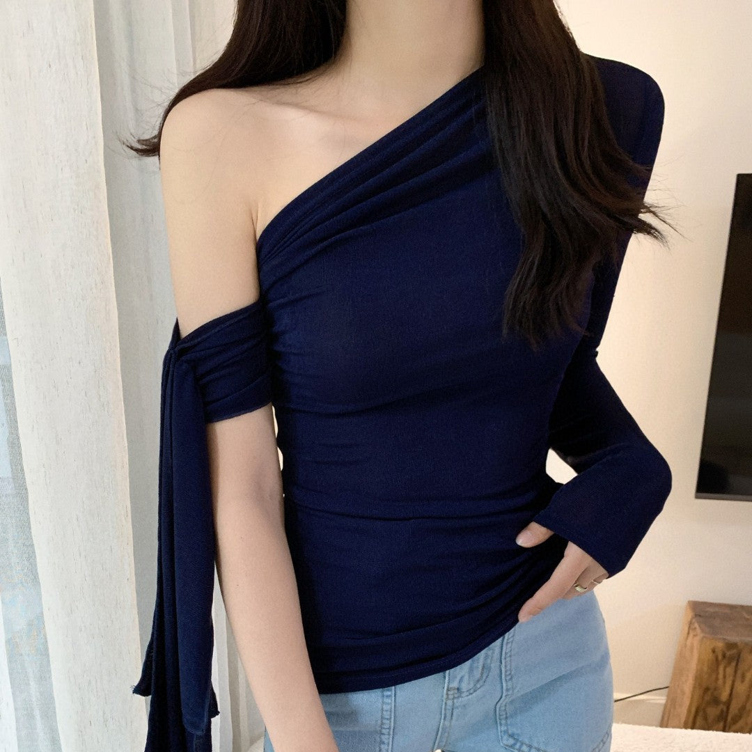 女人香深藍飄帶露肩上衣-25578