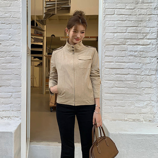 美式懷舊牛皮絨短夾克-25651