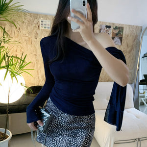 女人香深藍飄帶露肩上衣-25578