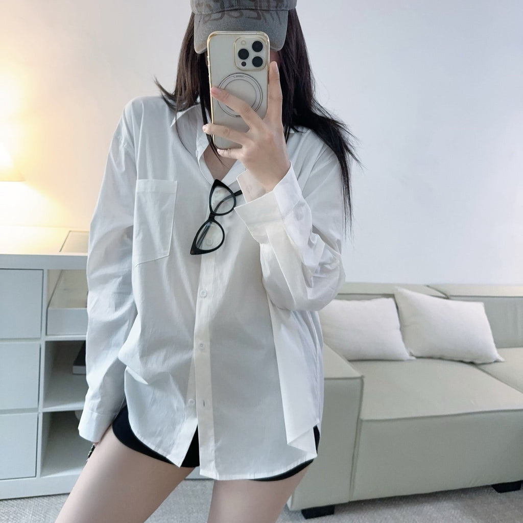 蝴蝶結露背寬鬆襯衫-25616