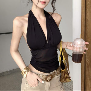 抽褶收腰高彈網紗掛脖露背上衣-25485