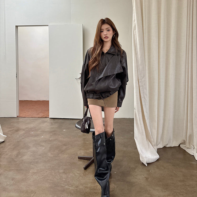 豪情時刻深棕廓形皮衣夾克-25634