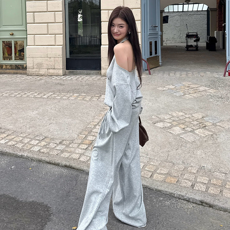 潮模掛脖衛衣抽繩衛褲兩件套-25637