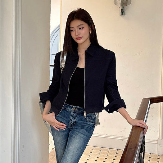 海藍翻領工裝短版棉夾克-25684