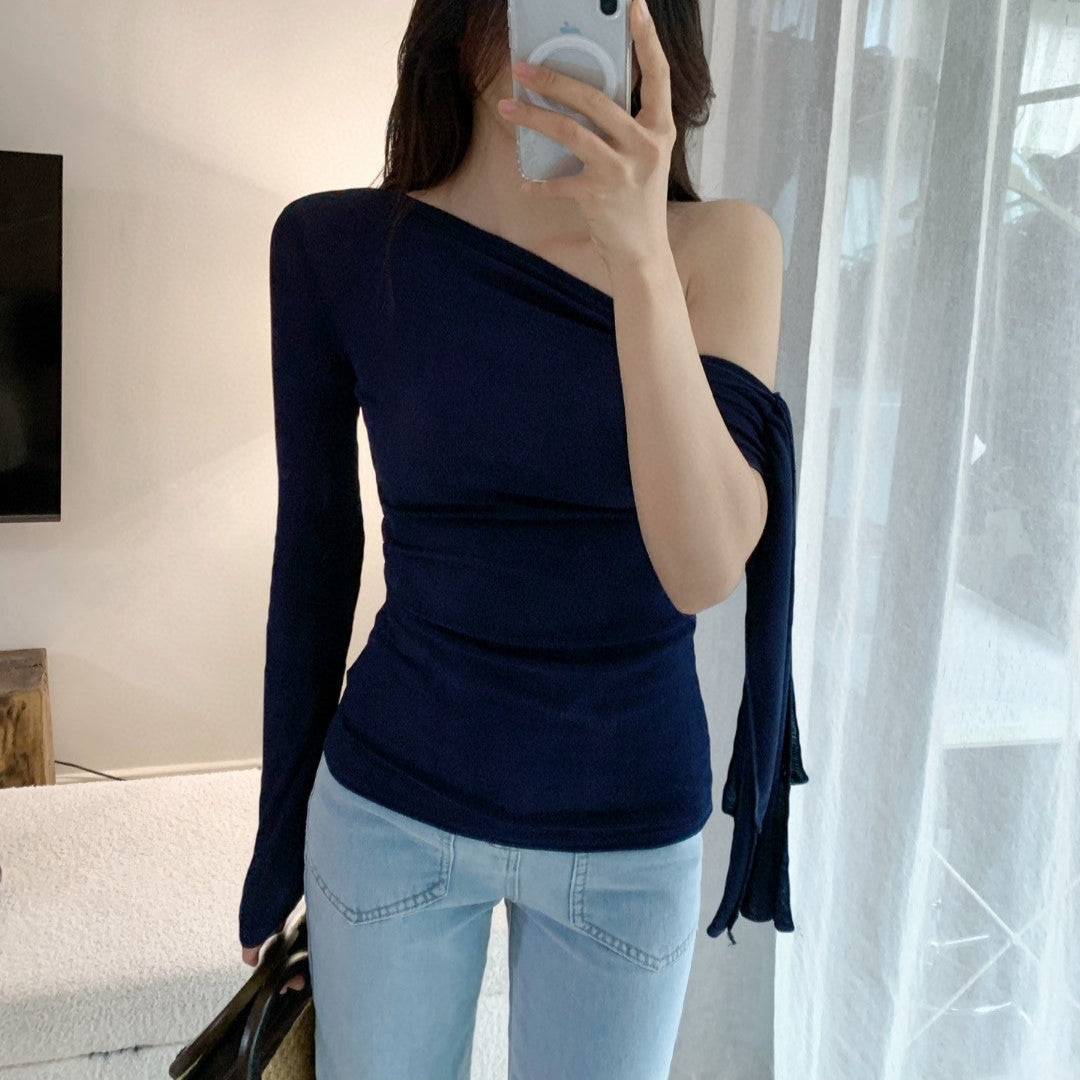 女人香深藍飄帶露肩上衣-25578