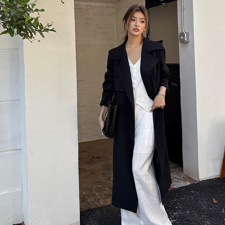 許我耀眼黑色繫帶長風衣-25644