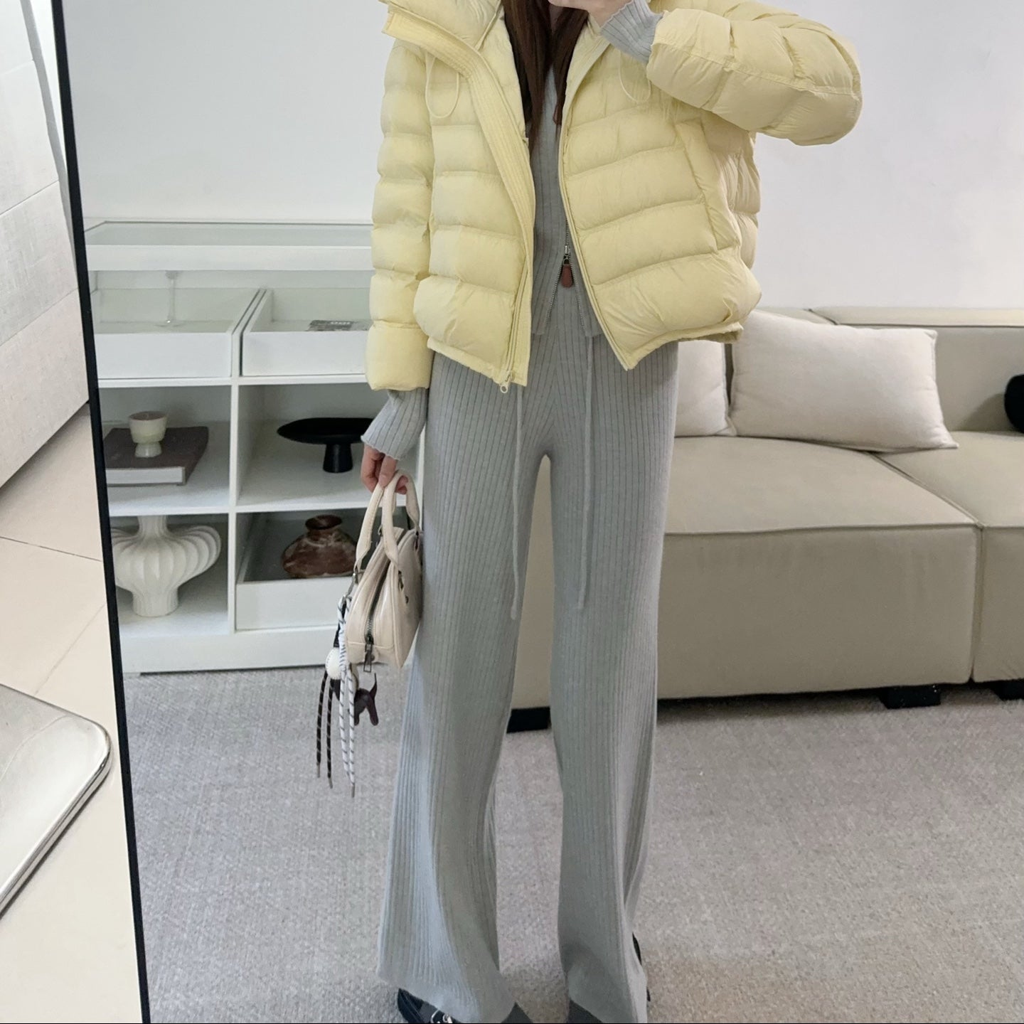 拉鍊坑條針織外套鬆緊高腰直筒長褲套裝-25676