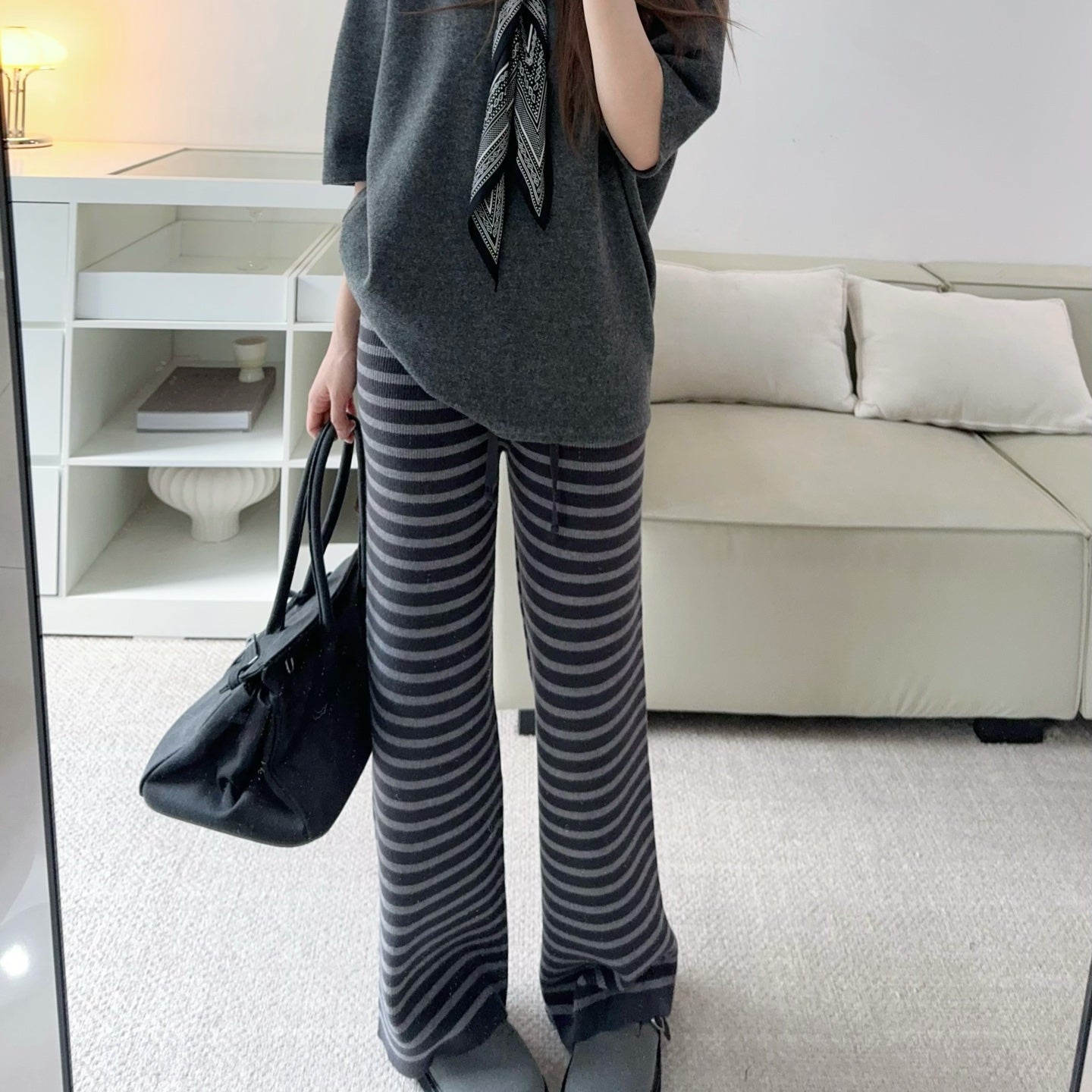軟糯針織加厚條紋寬褲-25673