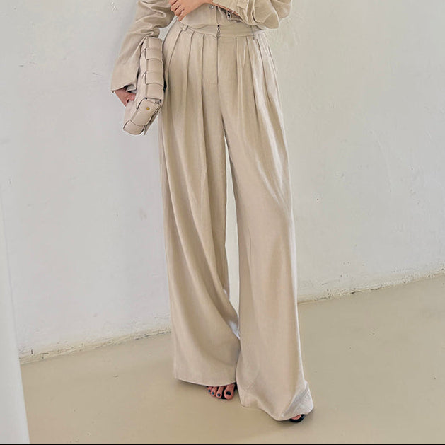 亞麻直紋落地寬褲-25658