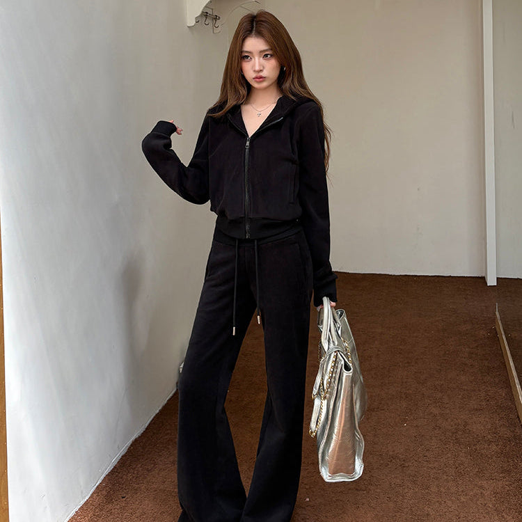 黑廠潮流搖粒絨連帽外套微喇褲兩件套-25640