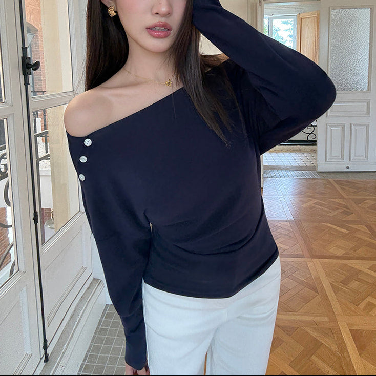 露肩掐腰一字領長版上衣-25663