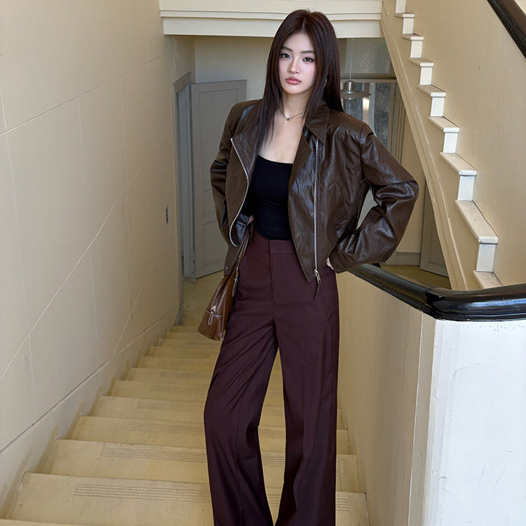 紅棕色高腰直筒垂感西褲-25664