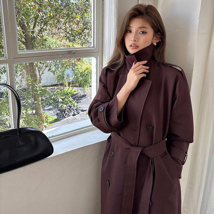 棕紅高級感雙排扣中長風衣-25652