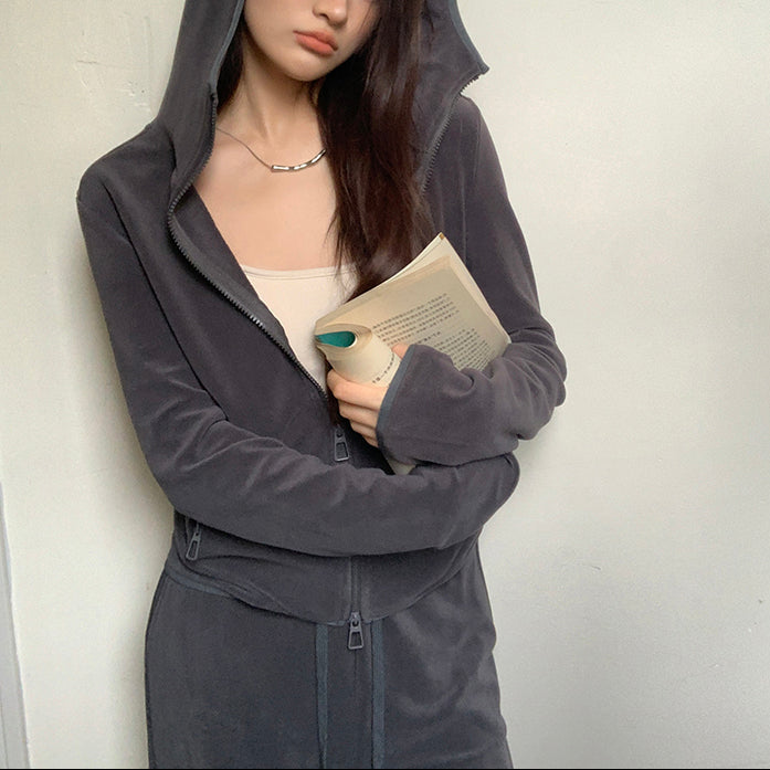 深灰絨面連帽外套垂感直筒褲兩件套-25630