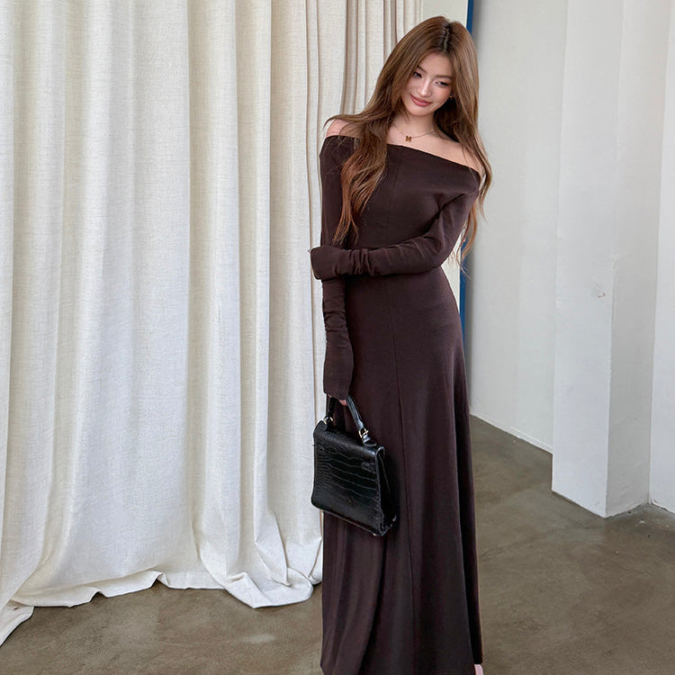 甜蜜巧克力優雅簡約一字肩長洋-25628