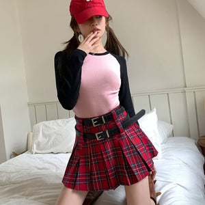 陷阱少女紅格紋雙皮帶迷你百褶裙-25154