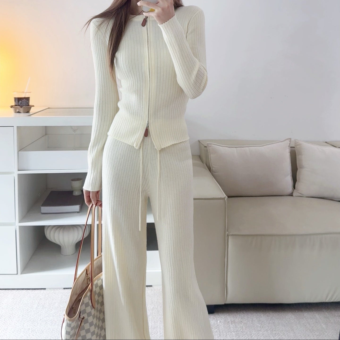 拉鍊坑條針織外套鬆緊高腰直筒長褲套裝-25676